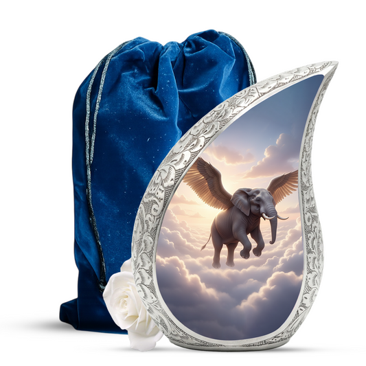 Heavenly Elephant Personalized Cremation Urn – Teardrop Memorial Urn for Ashes | 10 Inch Aluminum Adult Urn