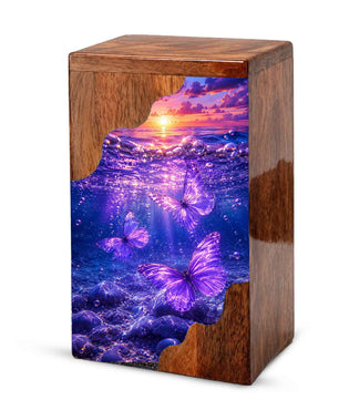 Purple Butterfly Ocean Wooden Cremation Urn – Wooden Urn for Human Ashes