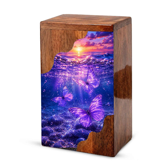 Purple Butterfly Ocean Wooden Cremation Urn – Wooden Urn for Human Ashes