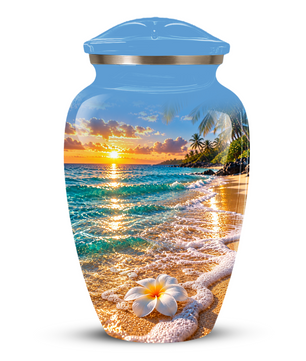 Tropical Beach Sunset Memorial Urn, Plumeria Flower Urn for Human Ashes