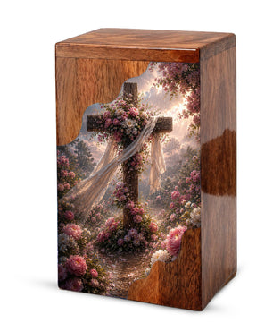 Floral Cross Wooden Cremation Urn – Christian Memorial Urn | Wooden Urn for Human Ashes