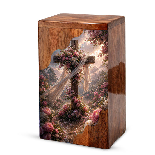 Floral Cross Wooden Cremation Urn – Christian Memorial Urn | Wooden Urn for Human Ashes