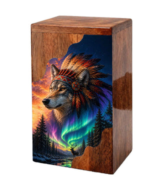 Wolf Wooden Cremation Urn – Northern Lights Memorial Urn