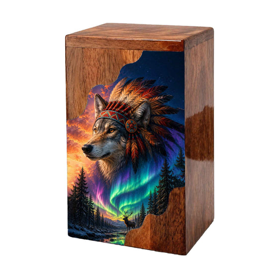 Wolf Wooden Cremation Urn – Northern Lights Memorial Urn