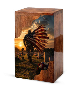 Military Wooden Cremation Urn for Veteran | American Flag Memorial Urn for Dad