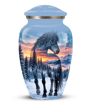 Snowy Horse Cremation Urn for Adult Ashes, Black Horse in Winter Forest Memorial Urn, Personalized Urn for Human Ashes