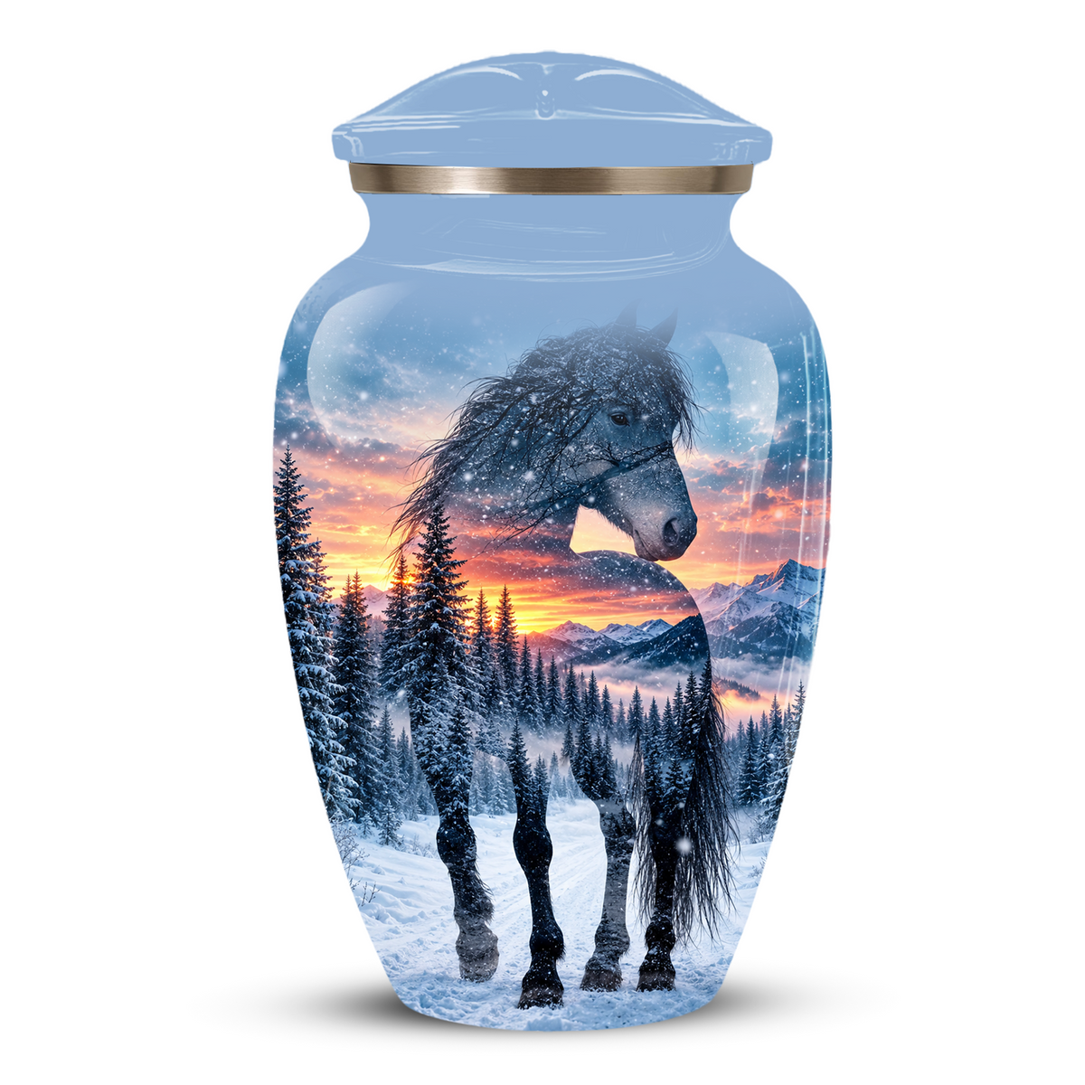 Snowy Horse Cremation Urn for Adult Ashes, Black Horse in Winter Forest Memorial Urn, Personalized Urn for Human Ashes