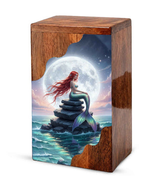 Wooden Cremation Urn – Moonlit Mermaid Memorial Urn | Custom Memorial Urn for Mom, Women & Loved Ones