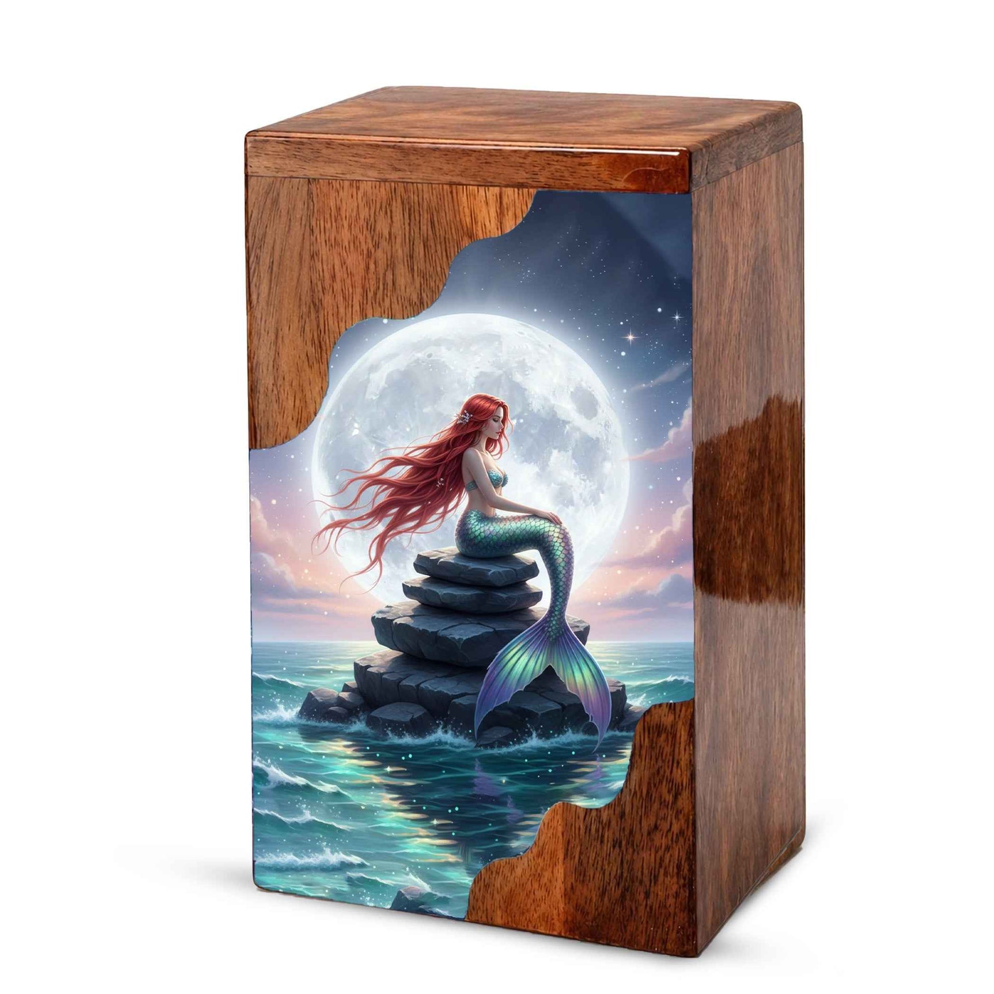 Wooden Cremation Urn – Moonlit Mermaid Memorial Urn | Custom Memorial Urn for Mom, Women & Loved Ones