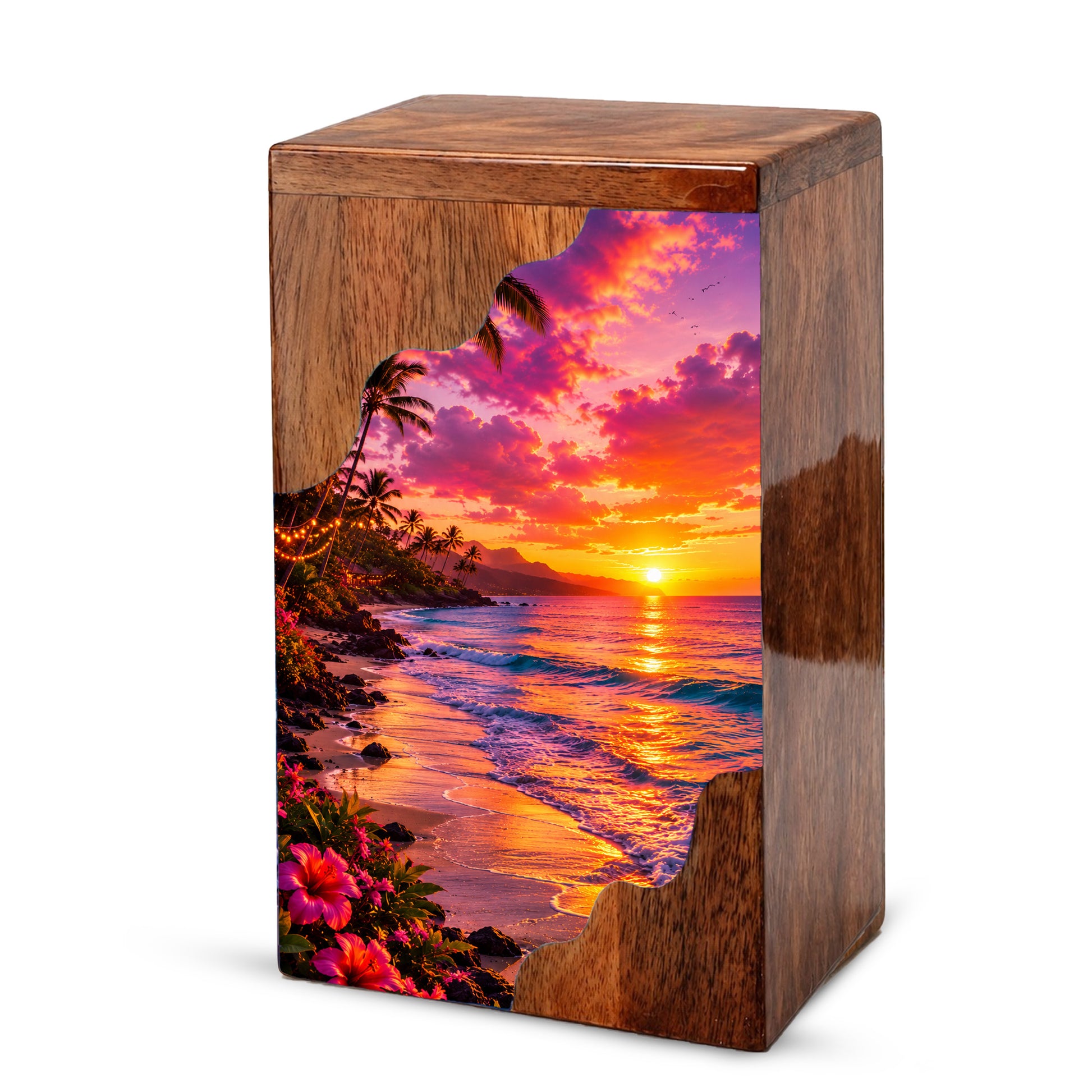 Sunset Beach Wooden Cremation Urn – Coastal Memorial Urn for Human Ashes