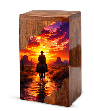 Western Cowboy Wooden Cremation Urn – Sunset Horse Memorial Urn for Human Ashes