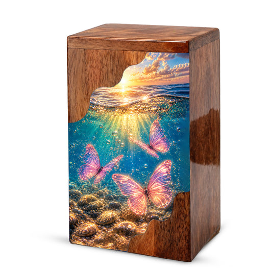 Butterfly Ocean Cremation Urn – Wooden Urn for Human Ashes