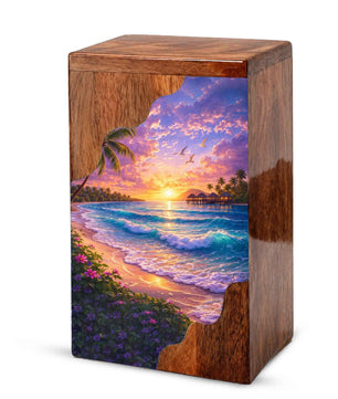 Beach Wooden Cremation Urn – Ocean Sunset Memorial Urn with Tropical Coastal Design