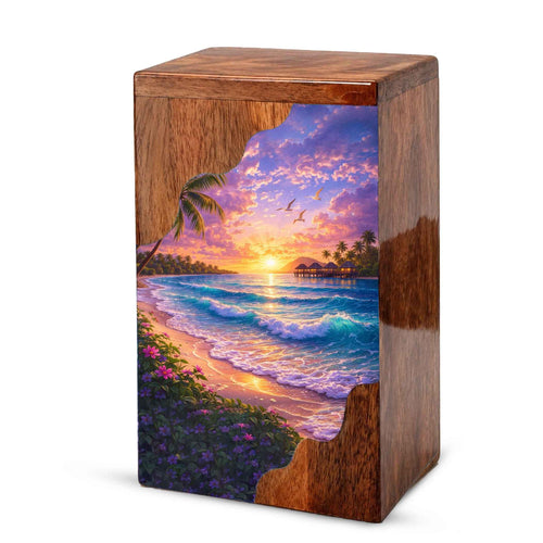 Beach Wooden Cremation Urn – Ocean Sunset Memorial Urn with Tropical Coastal Design