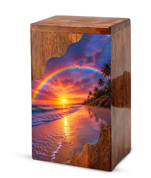Beach Wooden Cremation Urn for Human Ashes | Rainbow Ocean Sunset Memorial Urn