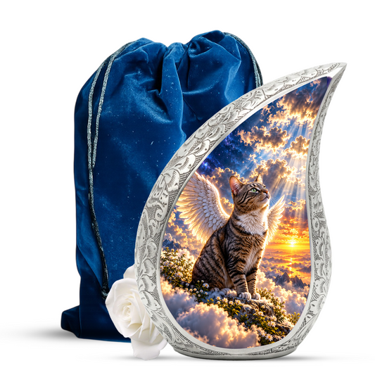 Angel Cat Cremation Urn for Ashes, Winged Cat Memorial Urn, Adult Aluminum Urn