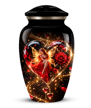 Red Rose Fairy Heart Cremation Urn for Adult Ashes, Personalized Memorial Urn with Romantic Heart Design