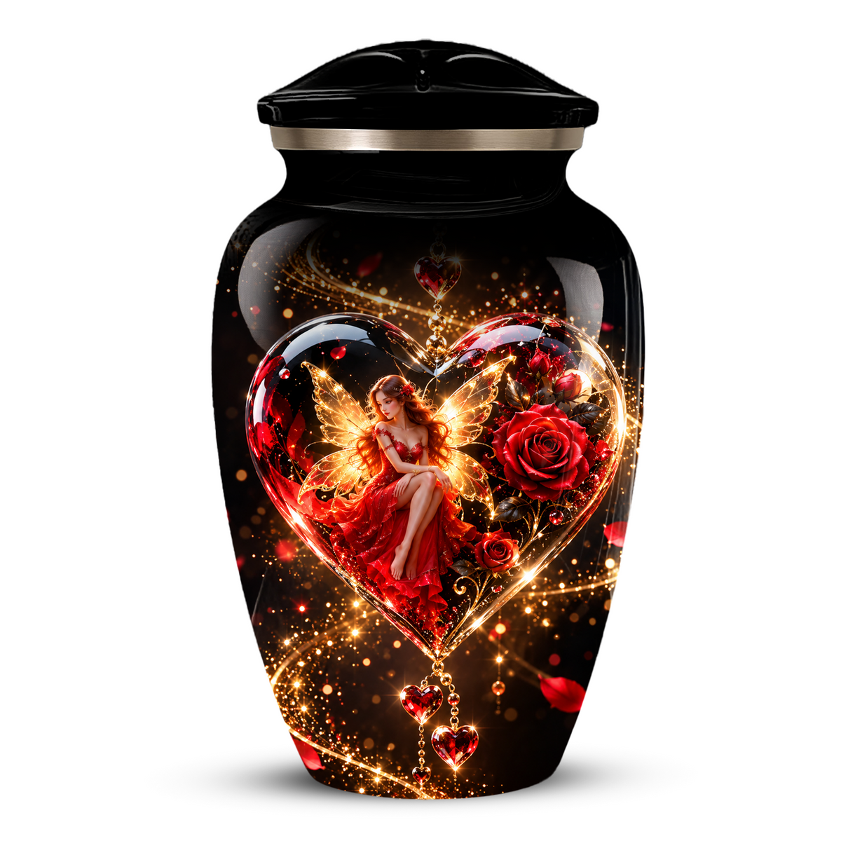 Red Rose Fairy Heart Cremation Urn for Adult Ashes, Personalized Memorial Urn with Romantic Heart Design