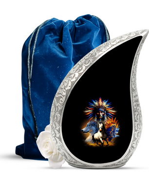 Native American Urns for Dad – Personalized Cremation Urn for Adult Male with Wolf & Horse Spirit Art