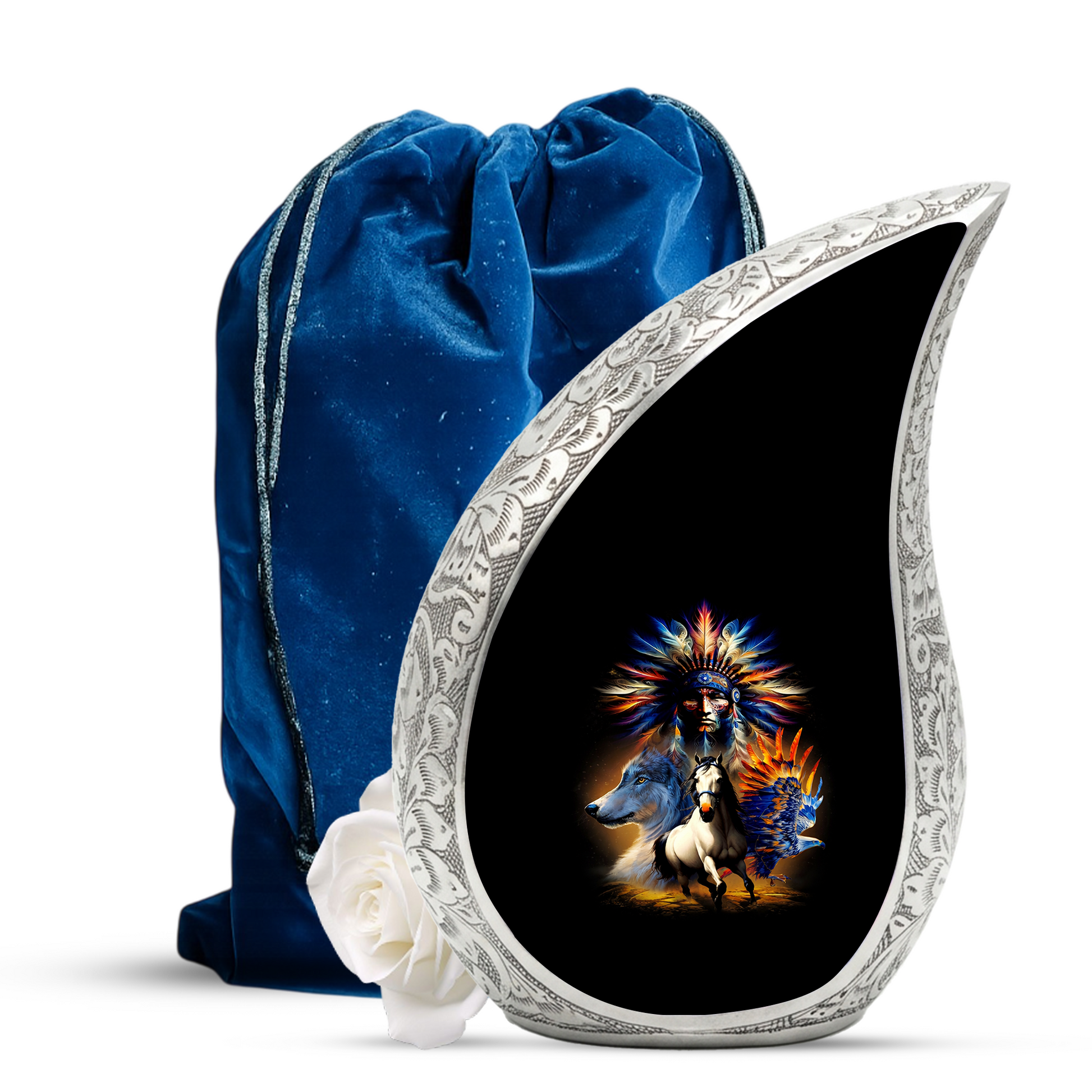 Native American Urns for Dad – Personalized Cremation Urn for Adult Male with Wolf & Horse Spirit Art