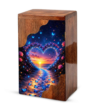 Butterfly Wooden Cremation Urn – Heart Sunset Memorial Urn for Human Ashes