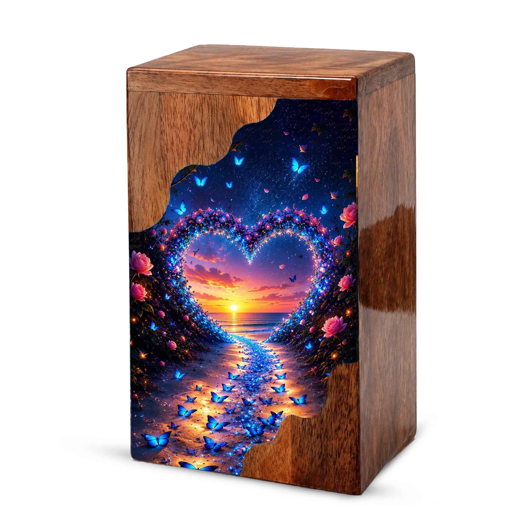 Butterfly Wooden Cremation Urn – Heart Sunset Memorial Urn for Human Ashes