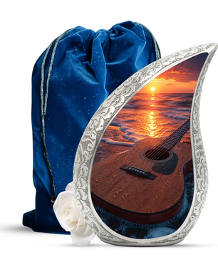 Beach Guitar Sunset Urn for Human Ashes | Adult Cremation Urn with Ocean & Guitar Memorial Design