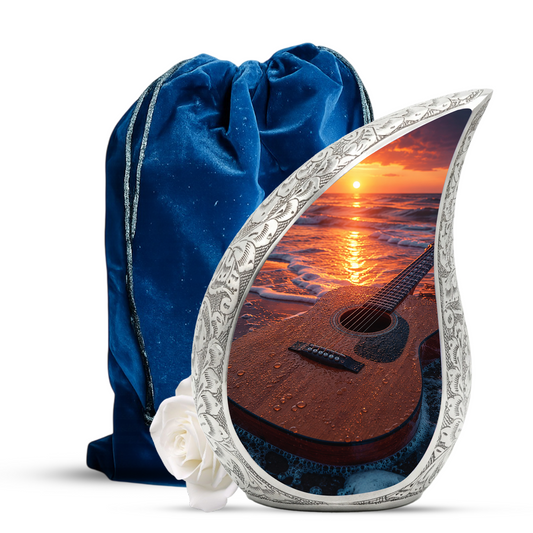 Beach Guitar Sunset Urn for Human Ashes | Adult Cremation Urn with Ocean & Guitar Memorial Design
