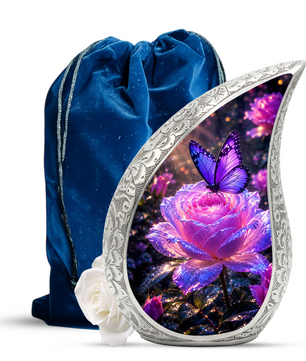 Flower Urn for Mom and Women – Blue Velvet Butterfly Keepsake Cremation Urn for Mom,