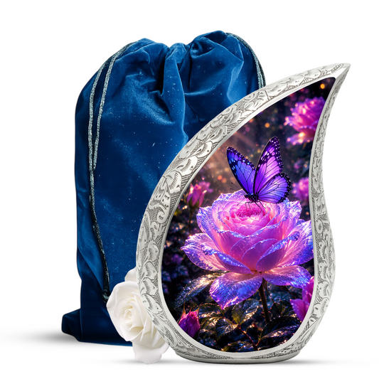 Flower Urn for Mom and Women – Blue Velvet Butterfly Keepsake Cremation Urn for Mom,