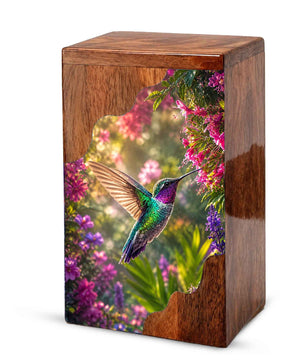 Green Hummingbird Wooden Cremation Urn – Floral Memorial Wooden Urn for Human Ashes