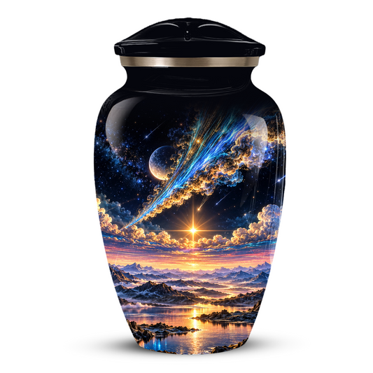 Personalized Adult Cremation Urn for Ashes, Custom Memorial Urn, Galaxy and Mountain Sunset Design