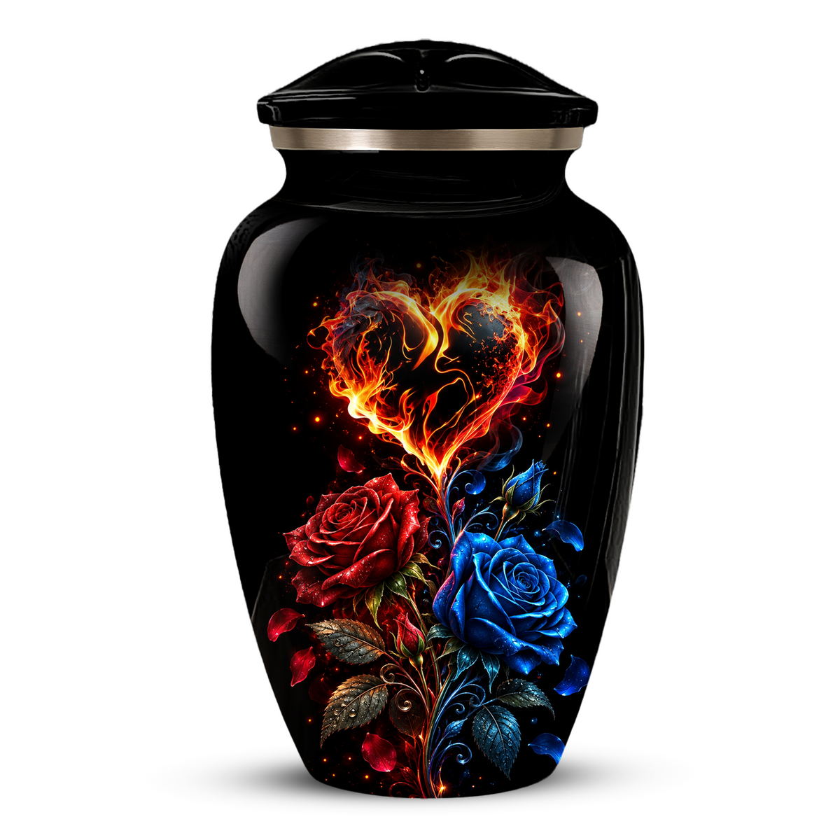 Red & Blue Rose Heart Cremation Urn for Ashes | Personalized Adult Memorial Urn