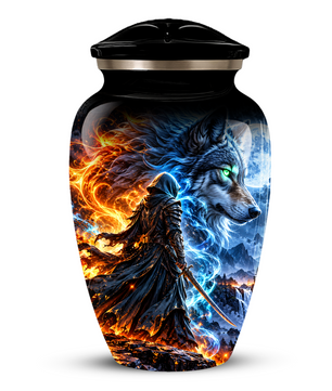 Personalized Adult Cremation Urn for Ashes, Fire and Ice Wolf Warrior Memorial Urn, Custom Aluminum Urn
