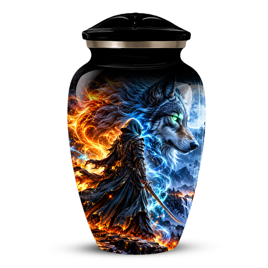 Personalized Adult Cremation Urn for Ashes, Fire and Ice Wolf Warrior Memorial Urn, Custom Aluminum Urn