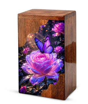 Purple Butterfly Rose Wooden Cremation Urn – Wooden Urn for Human Ashes