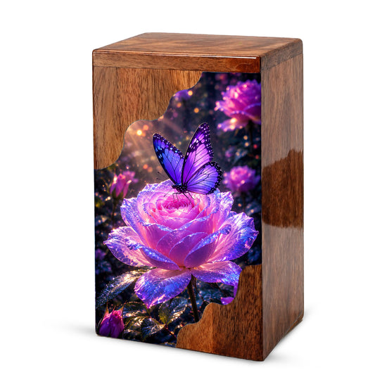 Purple Butterfly Rose Wooden Cremation Urn – Wooden Urn for Human Ashes