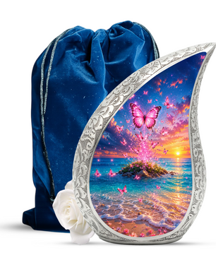 Butterfly Ocean Sunset Urn for Human Ashes | Pink Butterfly Beach Cremation Urn for Mom,