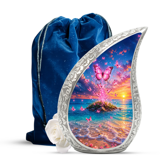Butterfly Ocean Sunset Urn for Human Ashes | Pink Butterfly Beach Cremation Urn for Mom,