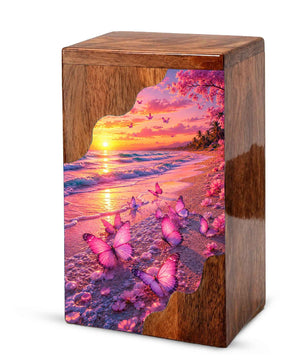 Pink Butterfly Beach Wooden Cremation Urn – Wooden Urn for Human Ashes