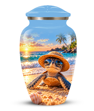 Personalized Sea Turtle Beach Aluminum Urn, Tropical Sunset Memorial Urn for Human Ashes
