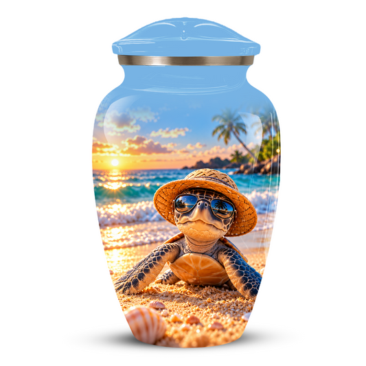 Personalized Sea Turtle Beach Aluminum Urn, Tropical Sunset Memorial Urn for Human Ashes