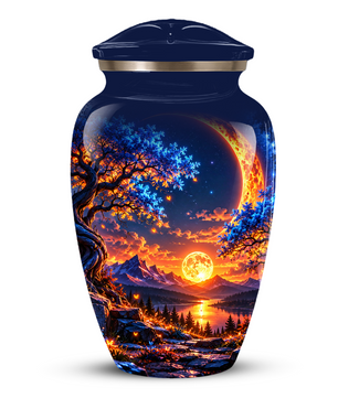 Celestial Moon Cremation Urn for Adult Ashes,  Glowing Crescent Moon, Sunset Mountains and Starry Lake Artwork
