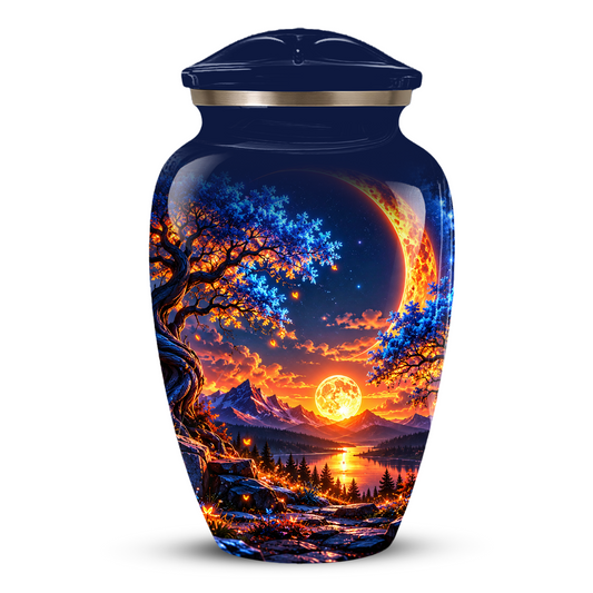 Celestial Moon Cremation Urn for Adult Ashes,  Glowing Crescent Moon, Sunset Mountains and Starry Lake Artwork