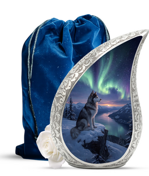 Personalized Husky Cremation Urn – Custom Dog Memorial Urn for Ashes, Northern Lights Pet Memorial, Teardrop Aluminum Adult Urn, 10 Inch