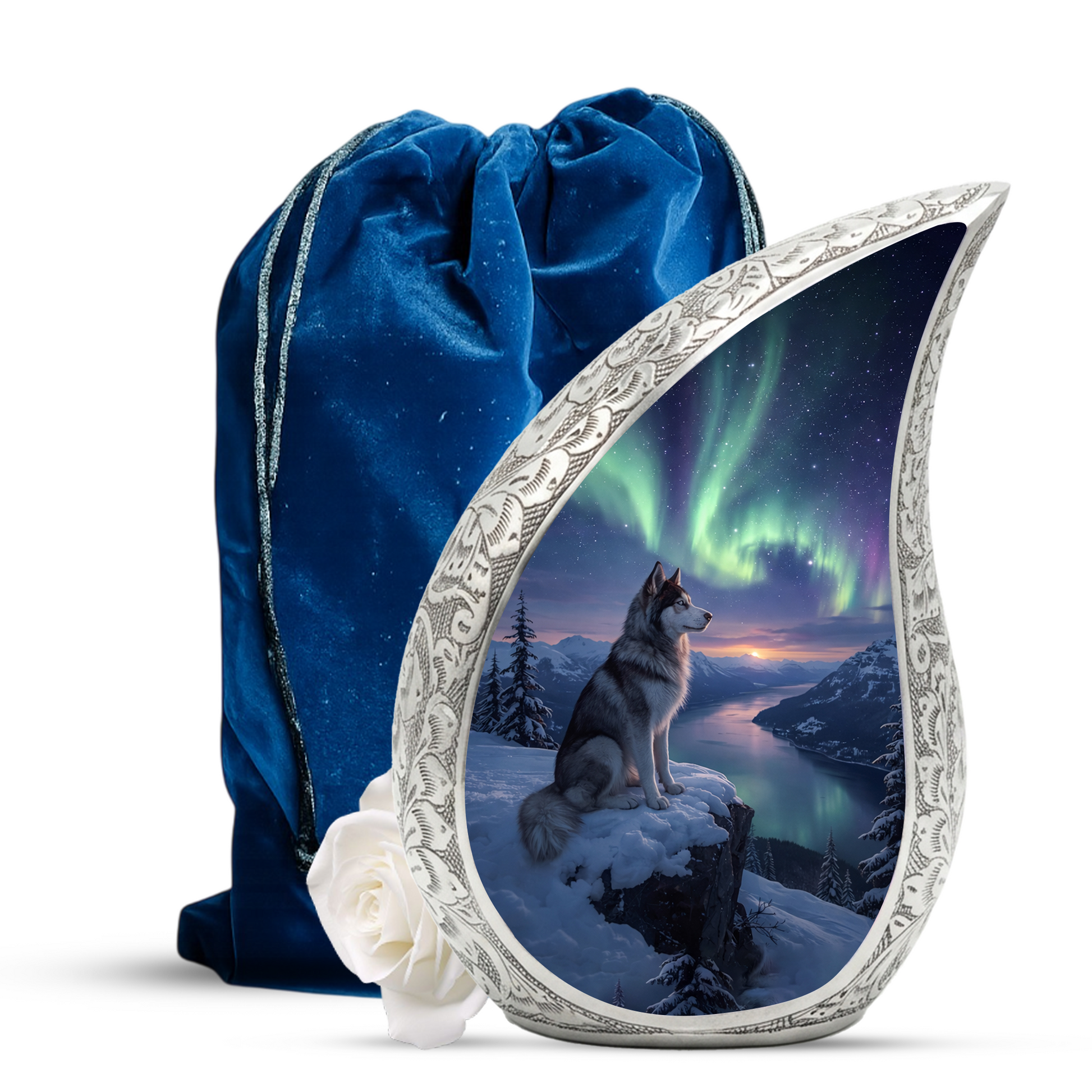 Personalized Husky Cremation Urn – Custom Dog Memorial Urn for Ashes, Northern Lights Pet Memorial, Teardrop Aluminum Adult Urn, 10 Inch