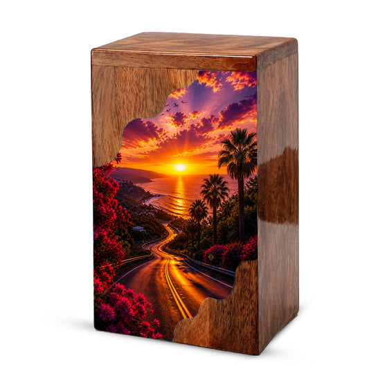 Wooden Cremation Urn for Mom | Sunset Ocean Memorial Urn for Human Ashes