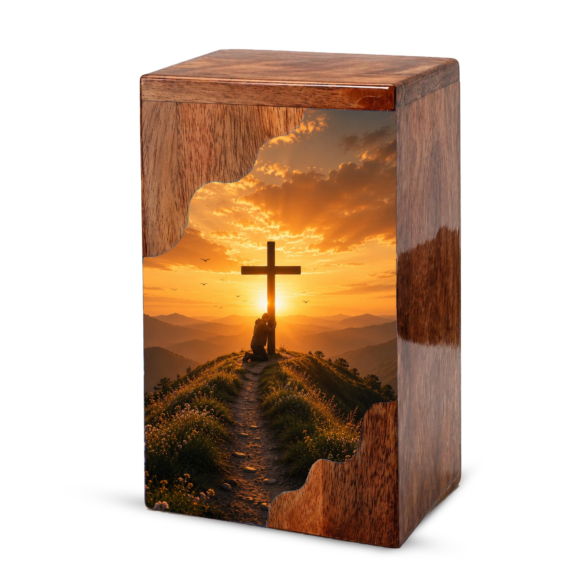 Cross Wooden Cremation Urn – Christian Memorial Urn for Human Ashes