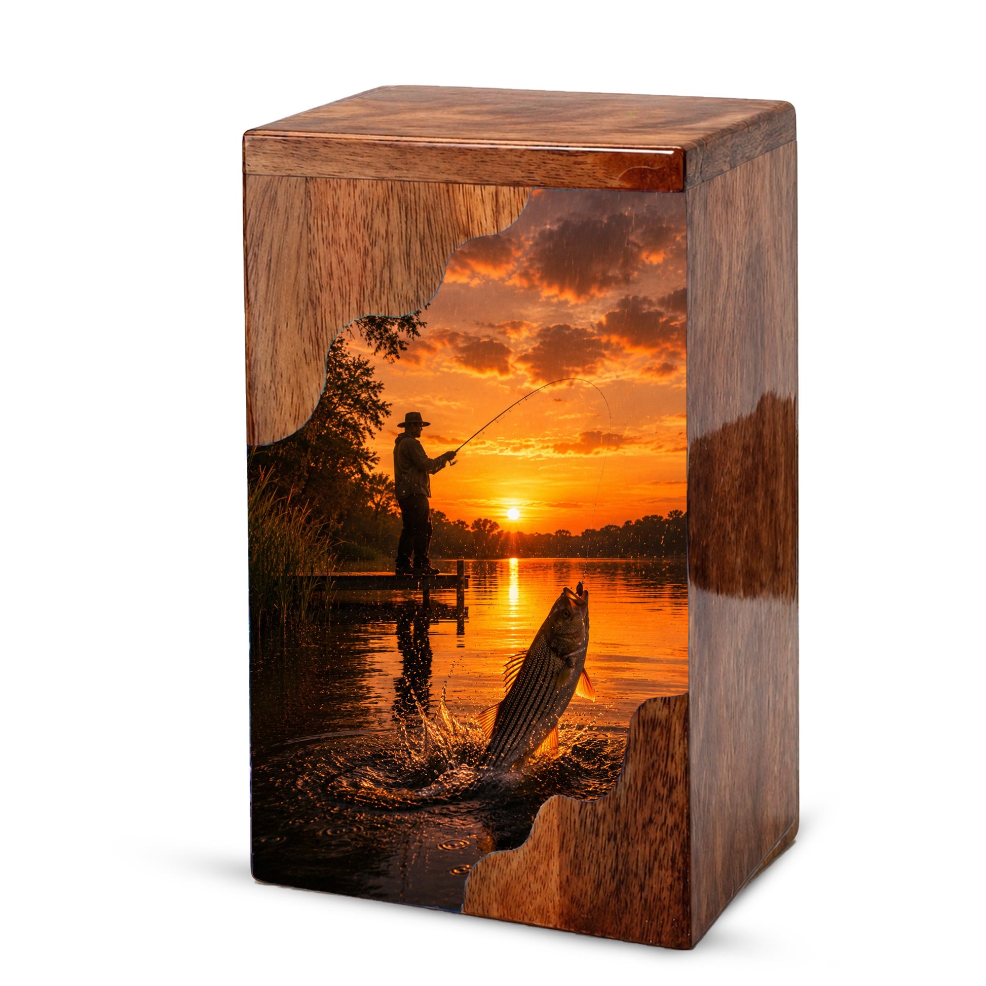 Sunset Fishing Wooden Cremation Urn – Personalized Memorial Urn for Human Ashes