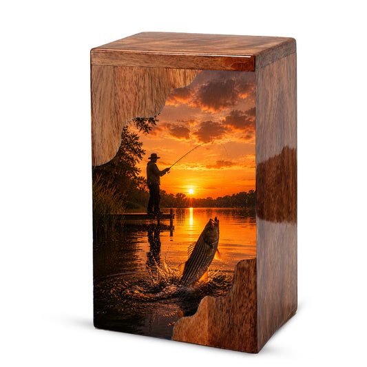 Sunset Fishing Wooden Cremation Urn – Personalized Memorial Urn for Human Ashes